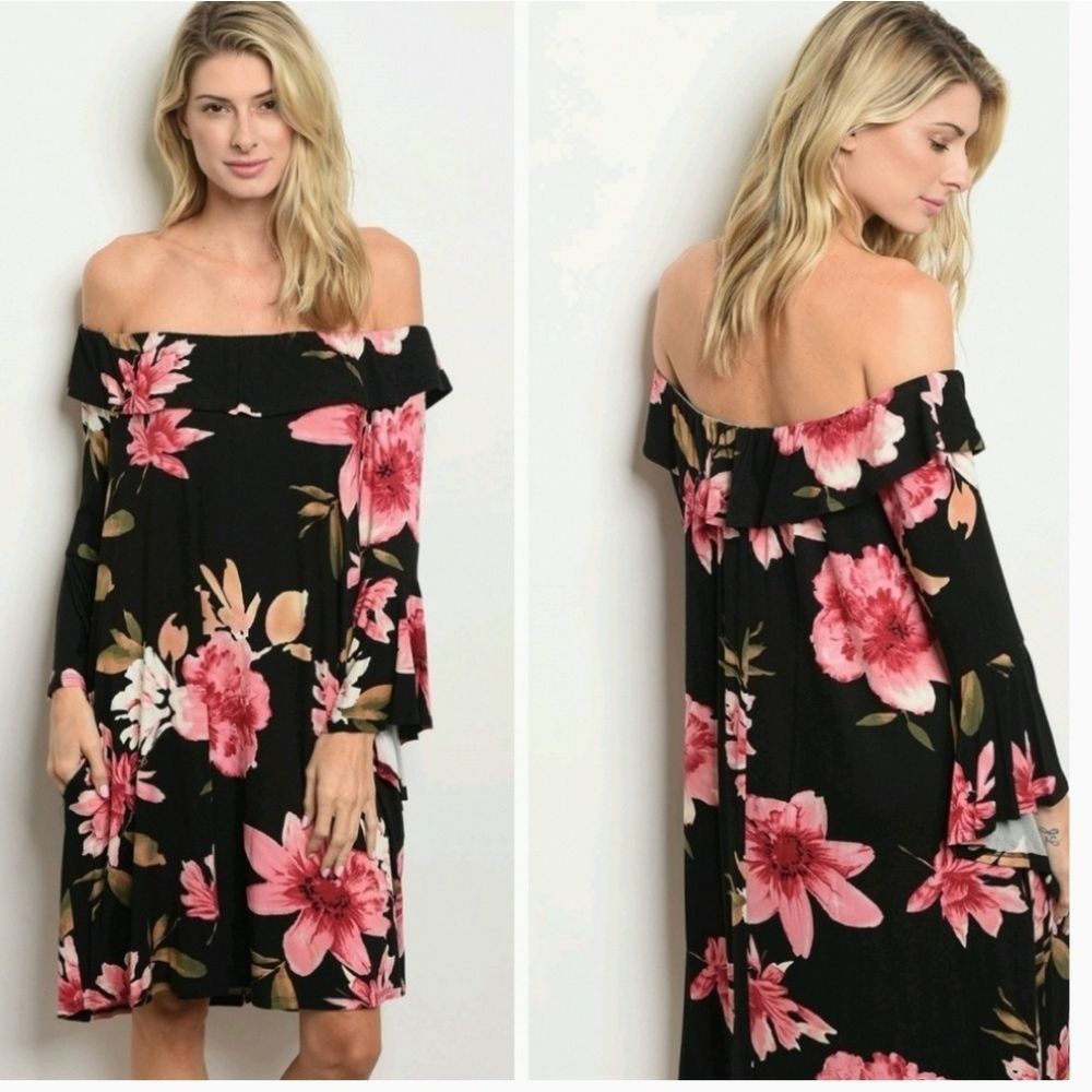 Black And Pink Floral Off The Shoulders Dress